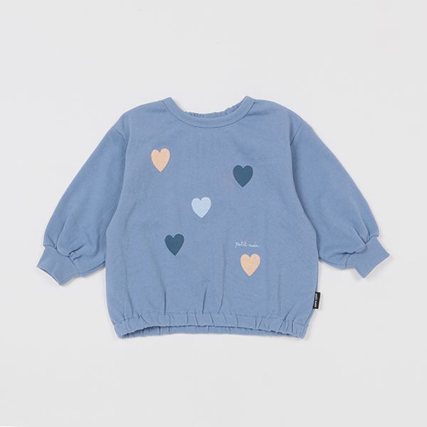 日本 petit main - 可愛女孩純棉長袖上衣-愛心-藍