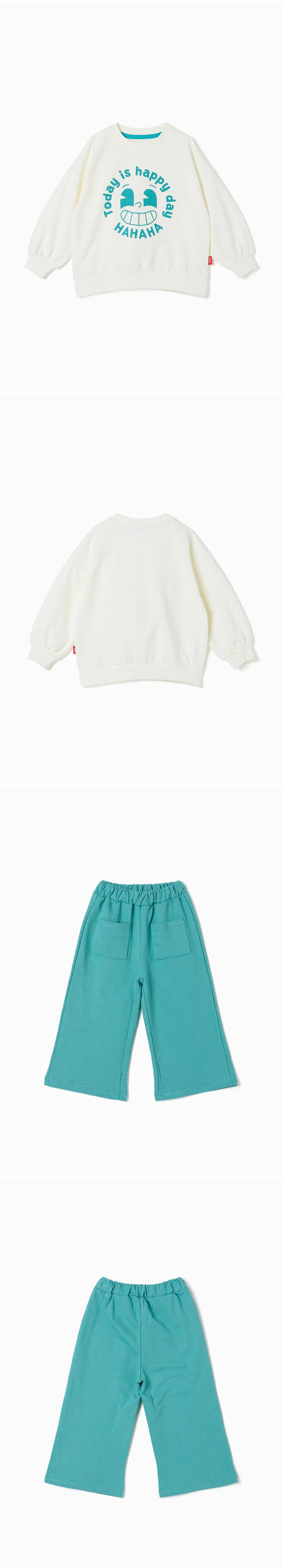 韓國 OZKIZ - HAHA笑臉休閒長袖寬褲套裝-米X藍綠