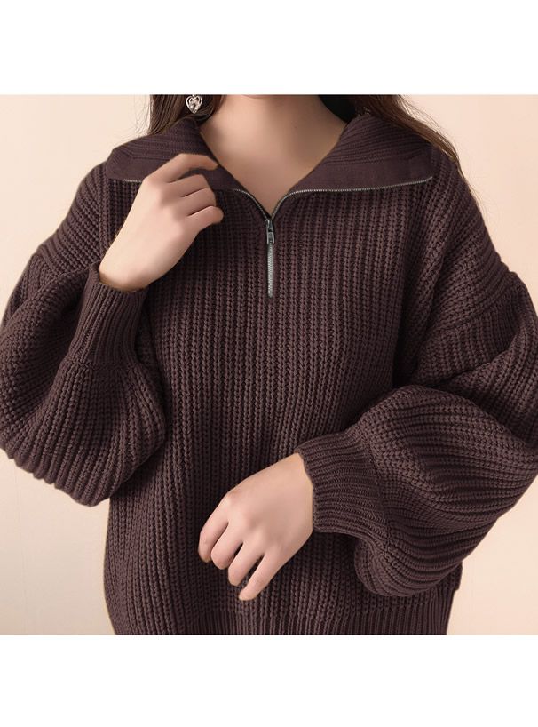 日本 GRL - 率性拉鍊領氣球袖針織上衣-深咖啡 (F)