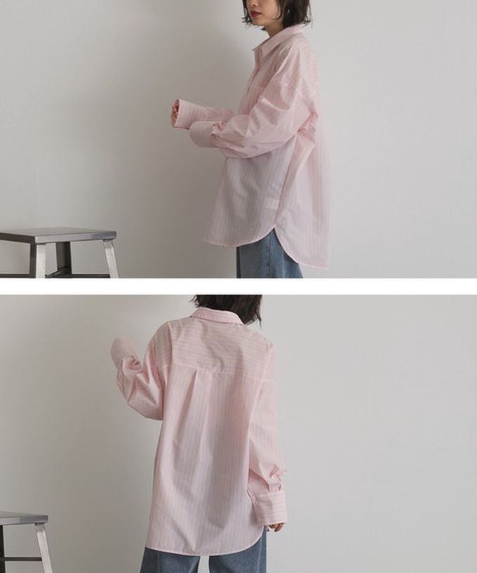 日本 ELENCARE DUE - 男友風寬鬆率性感長袖襯衫-白系條紋