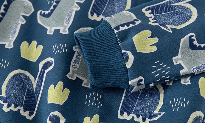 WELLKIDS - 加絨圓領長袖大學T套裝-塗鴉萌萌恐龍-海軍藍