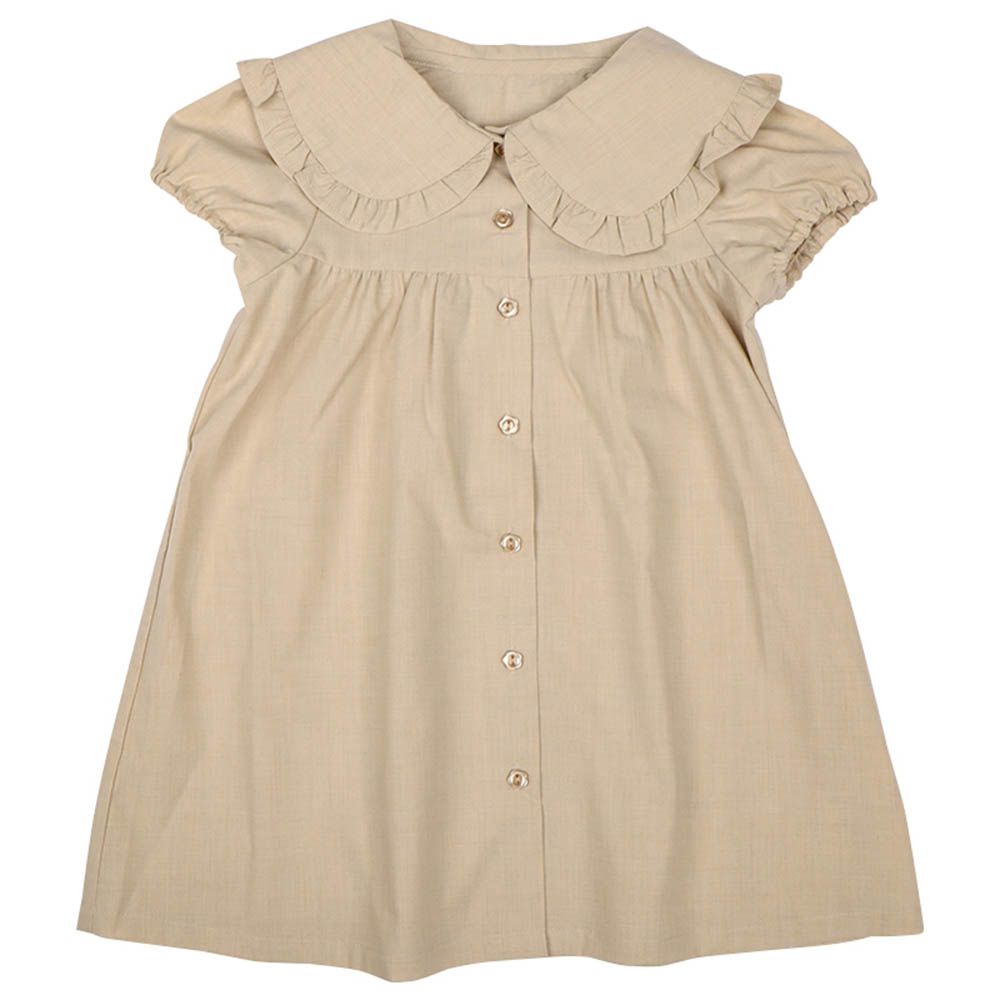 短袖洋裝-大領子-淺卡其色