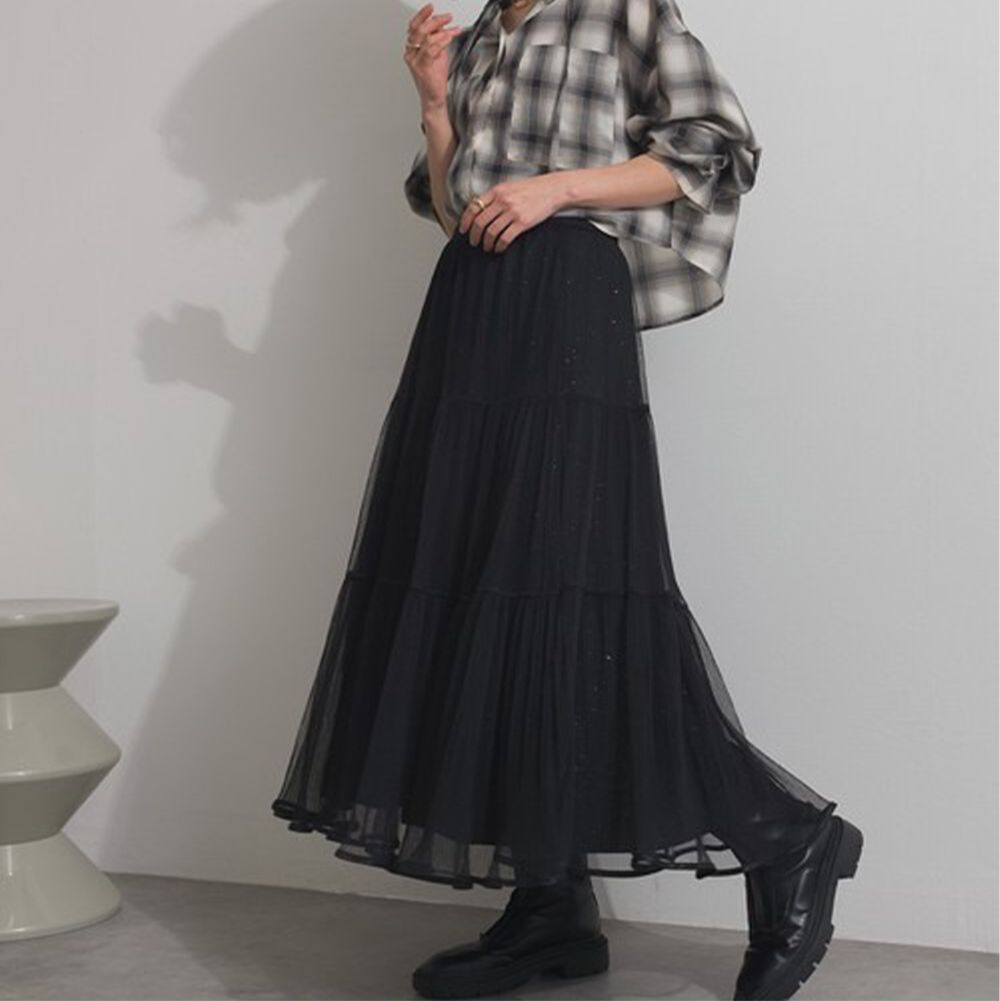 飄逸分層微閃亮百褶紗裙(全腰鬆緊)-黑