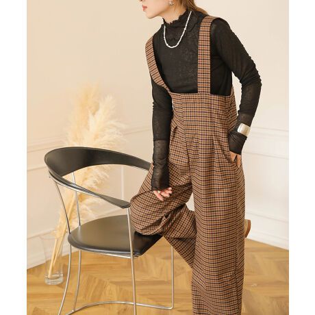 日本 Bab - 文藝少女歐風吊帶褲-格紋-卡其