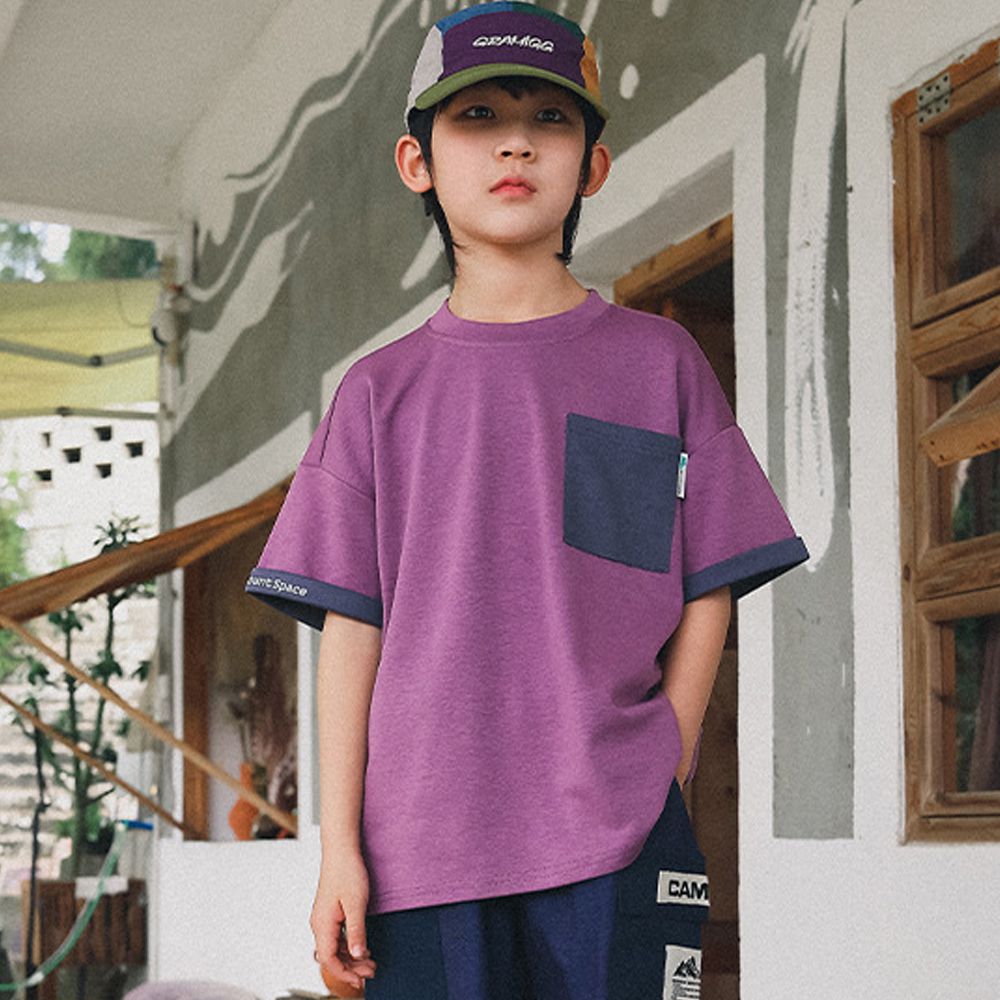 撞色口袋反摺短袖上衣-紫色