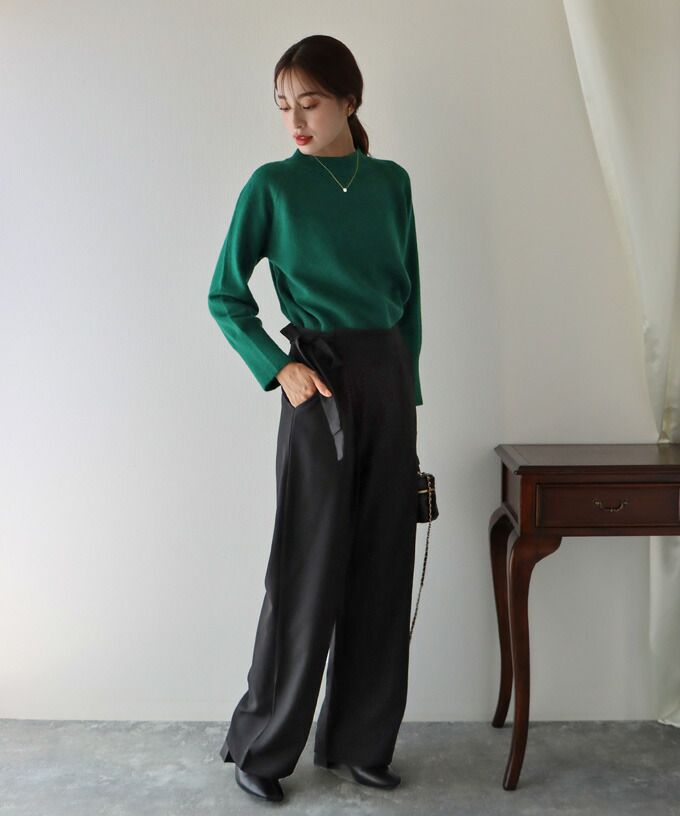 日本 BLUE EAST - 綁帶裝飾垂墜西裝長褲-軍綠