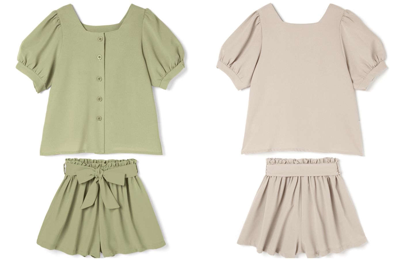 日本 GRL - 方U領短袖上衣X綁帶短褲套裝-氣質杏 (Free)