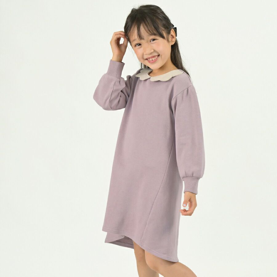 日本 evercloset - 浪漫花朵領刷毛長袖洋裝-薰衣草