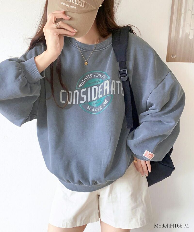 日本 Classical Elf - 水洗復古感印花寬鬆大學T-灰藍