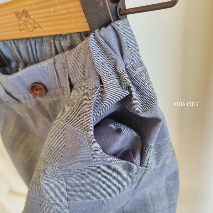 韓國 AIDA - 鬆緊腰紳士格紋反摺短褲-灰紫