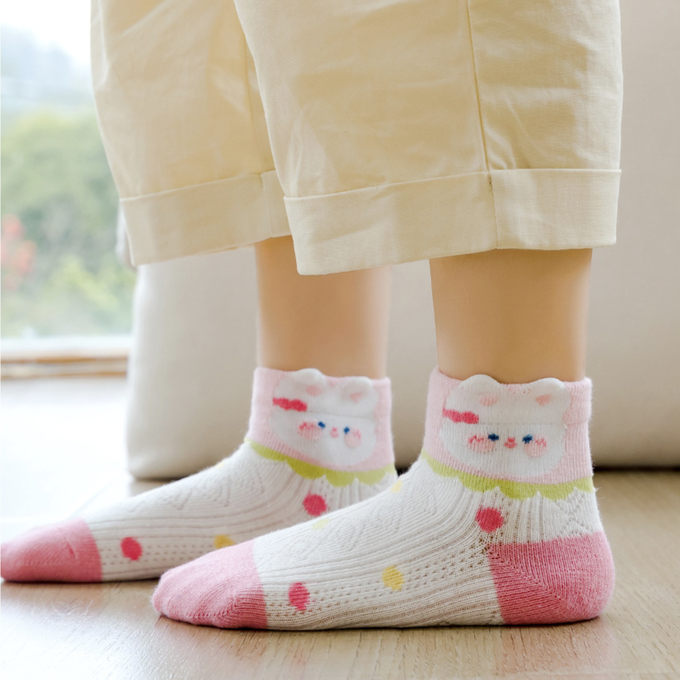 love, charlotte - 泡泡花邊兔兔草莓小花網眼短筒棉襪-5 雙一組