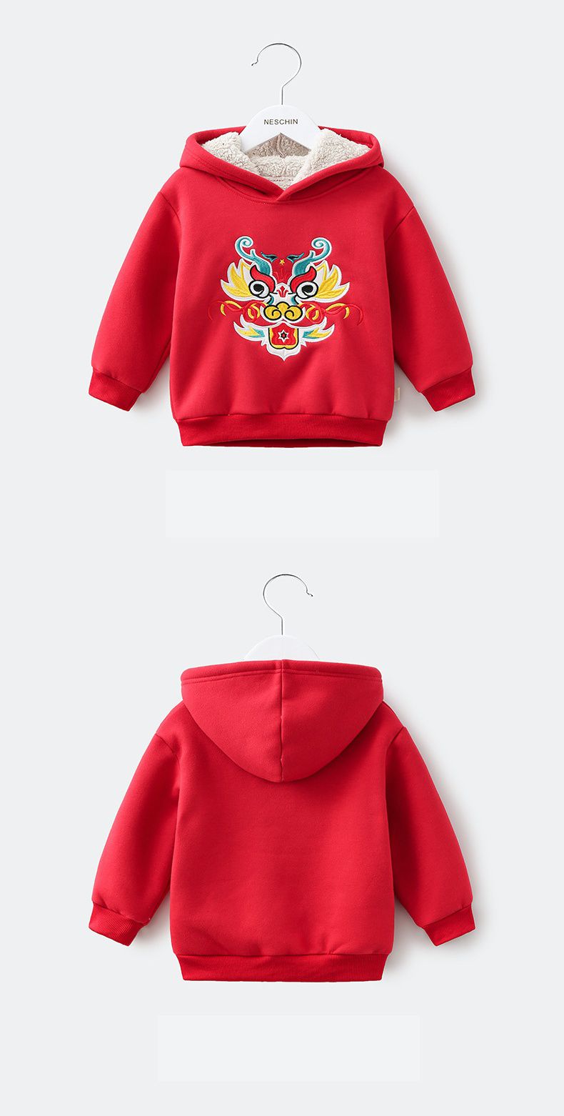 (加絨)喜氣拜年連帽長袖上衣-喜氣金龍-紅色