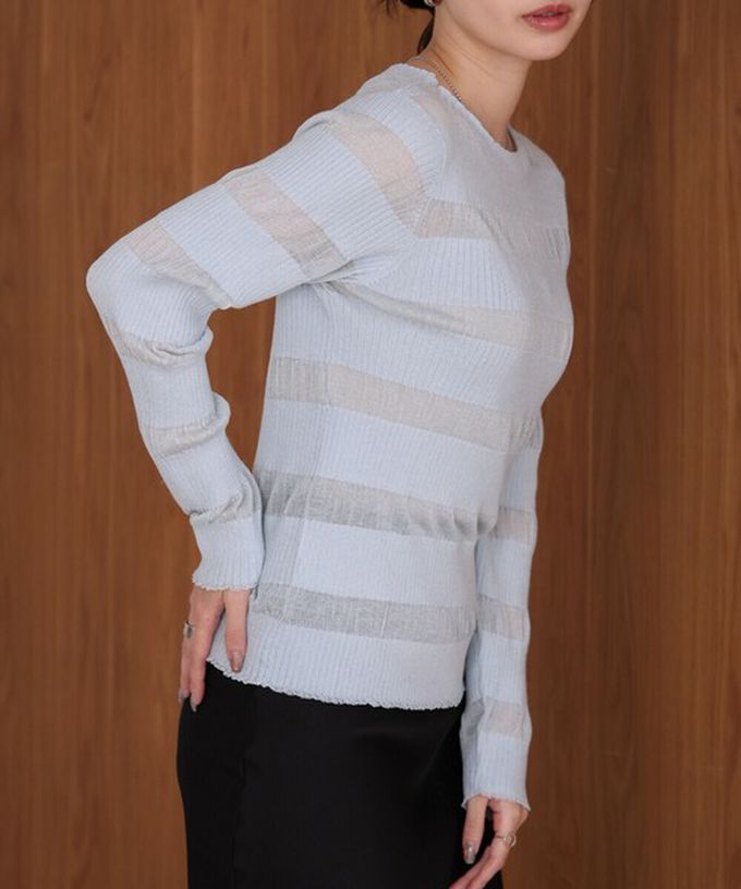 日本 Bab - 魅力條紋透膚針織長袖上衣-灰