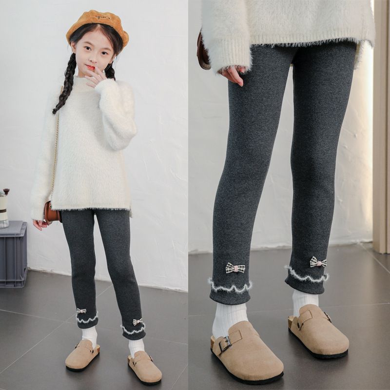 FANMOU - 加絨腰鬆緊兒童內搭褲-木耳邊蝴蝶結-深灰色