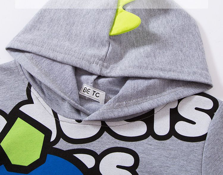 純棉立體連帽長袖上衣/帽T-傻傻恐龍-藍色