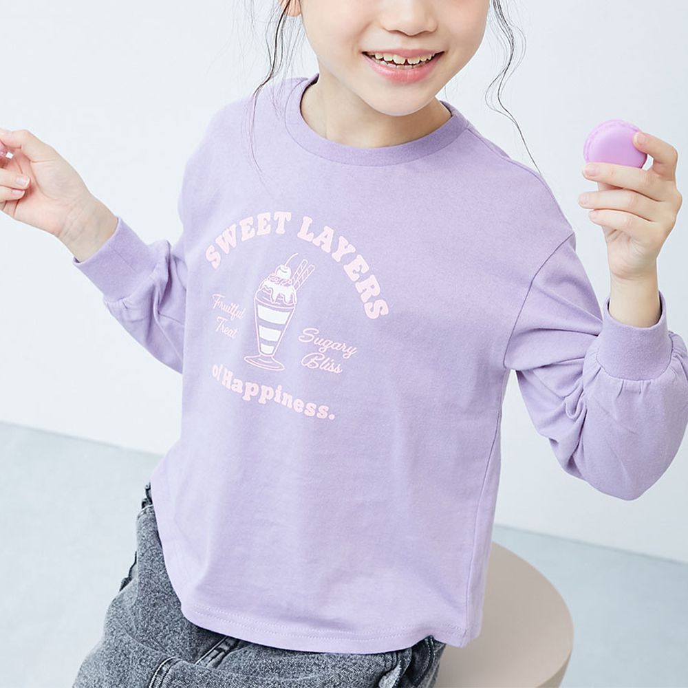 100%棉 圓弧下擺印花長袖T恤-冰淇淋聖代-紫羅蘭