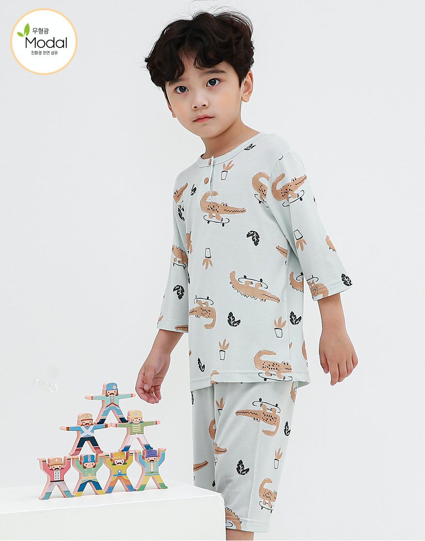 韓國 Ppippilong - 莫代爾7分袖家居服-滑板鱷魚