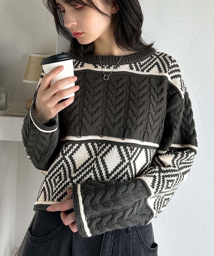 日本 Classical Elf - mily bilet 復古風北歐圖騰2way針織毛衣-藍