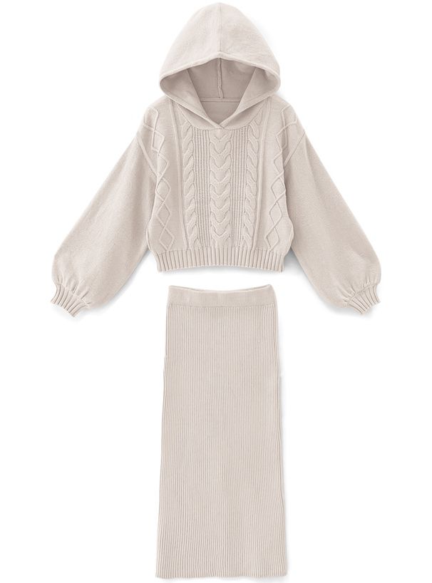 日本 GRL - 柔軟針織帽Tx長裙2件組-淺灰杏