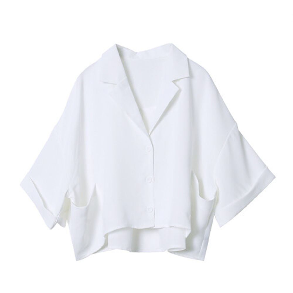 日本 Rejoule - 顯瘦前短後長五分袖寬版口袋襯衫-白 (M(Free size))