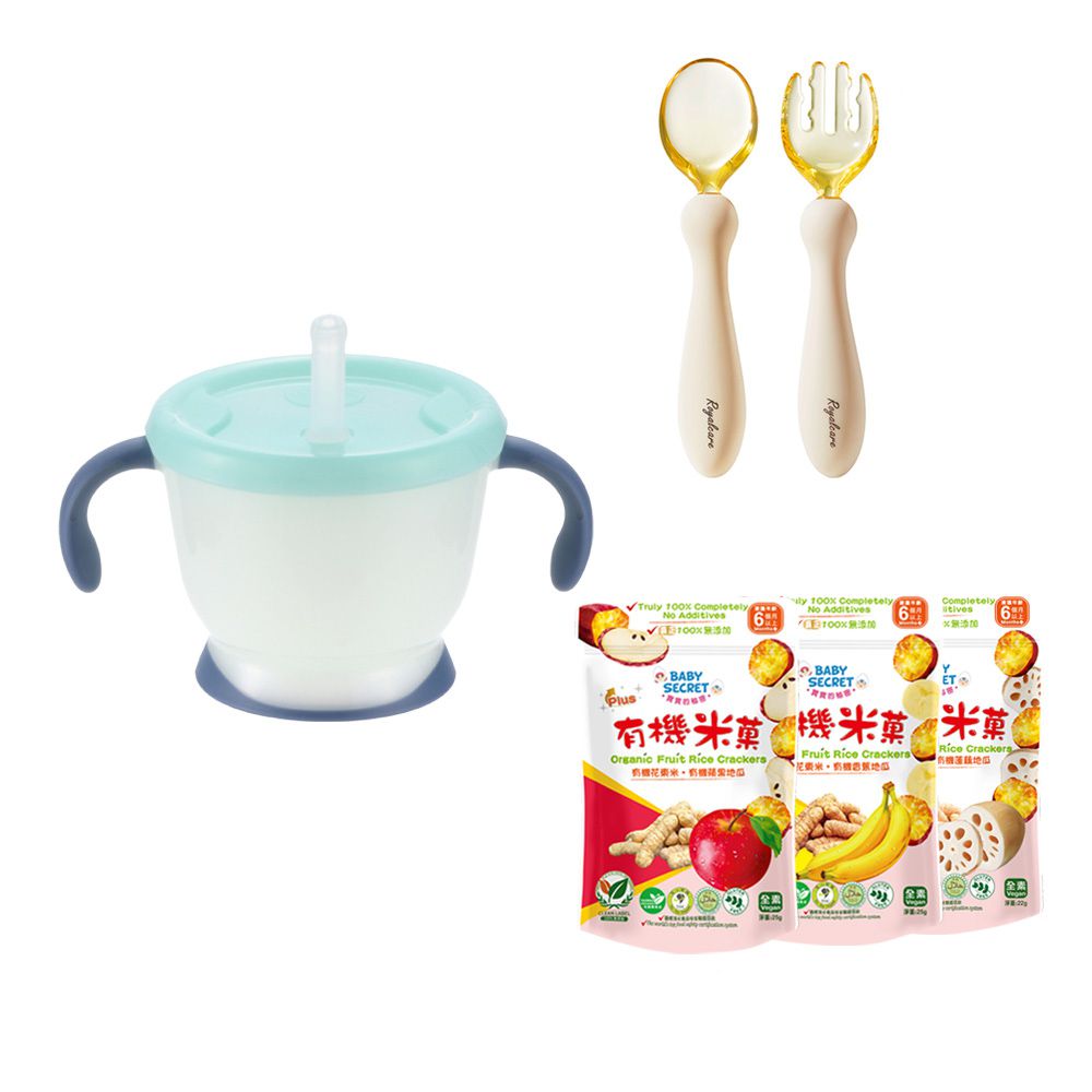 AQ學習訓練杯150ml+Royalcare-PPSU可調式匙叉組合附收納盒+寶寶的秘密有機米菓袋裝(6M+)隨機x3-交通總動員