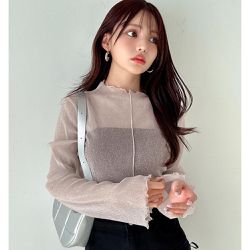日本 GRL - 微閃亮木耳透膚紗長袖上衣-卡其杏 (F)