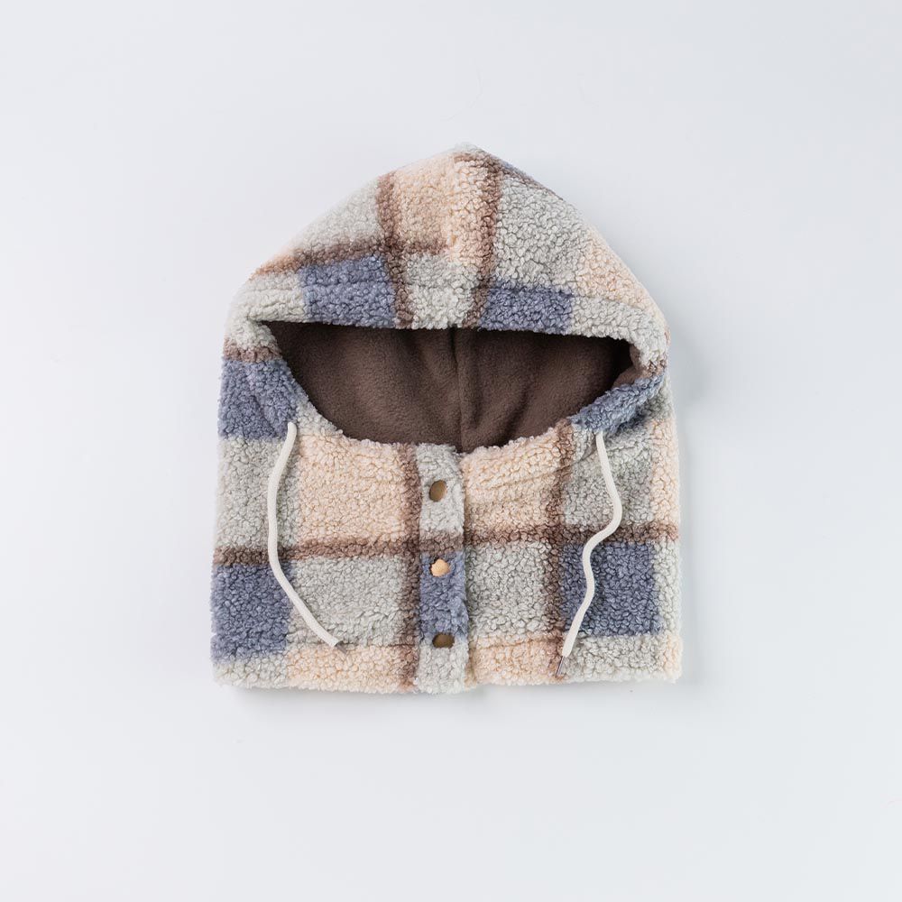 日本 AUBE - 保暖短絨防風保暖圍脖帽-格紋-水藍