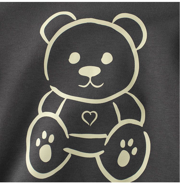 加絨棉質圓領長袖上衣/大學T-熊熊-深灰色