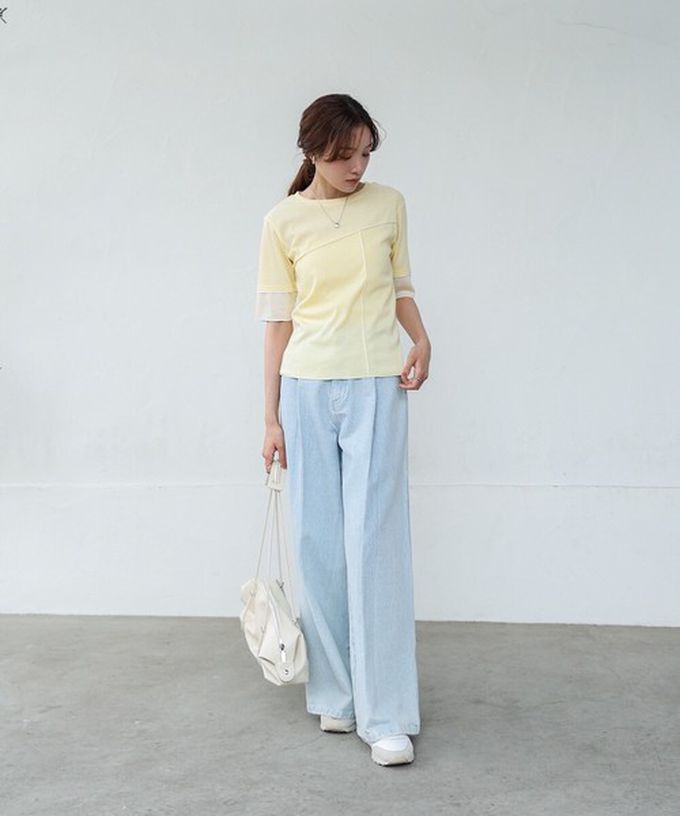 日本 Bab - 柔美線條羅紋異材質短袖上衣-黑 (M)