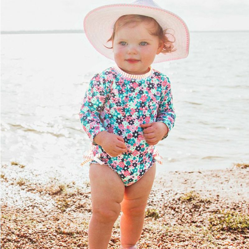 美國 RuffleButts - 小女童UPF 50+防曬長袖連身泳裝-熱帶萬花筒