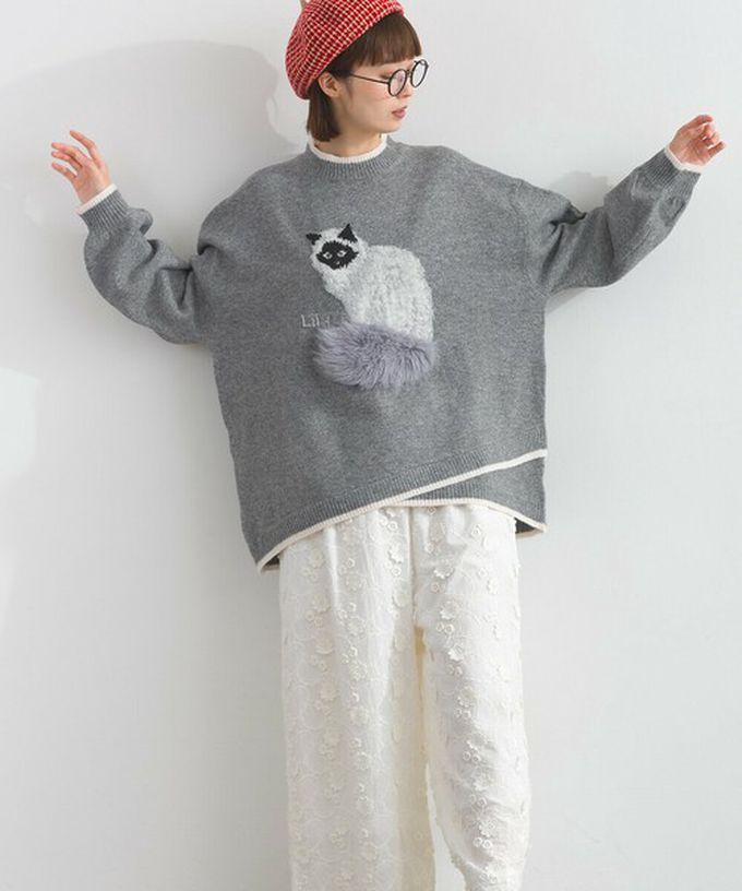 日本 Lupilien - 毛絨尾巴貓咪設計感針織長袖上衣-藍綠