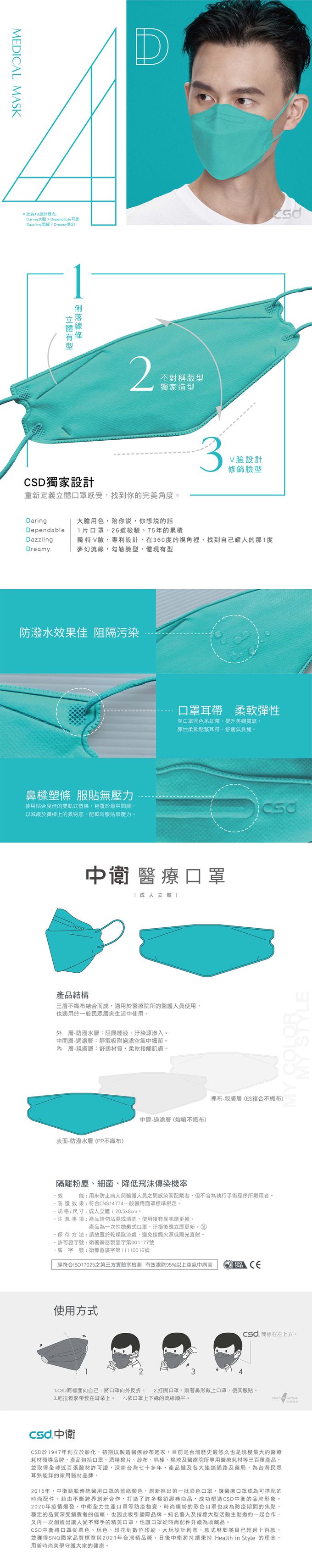 CSD中衛 - 醫療口罩-成人立體-4D月河藍(20片/盒)