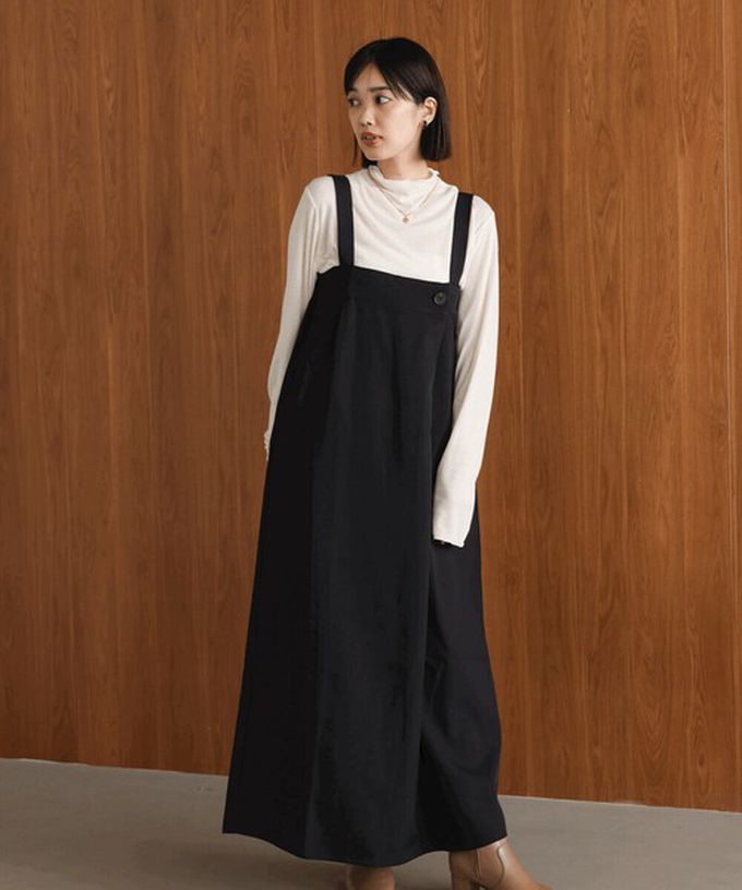 日本 Bab - 斜紋布優雅摺線工裝風吊帶裙-深灰