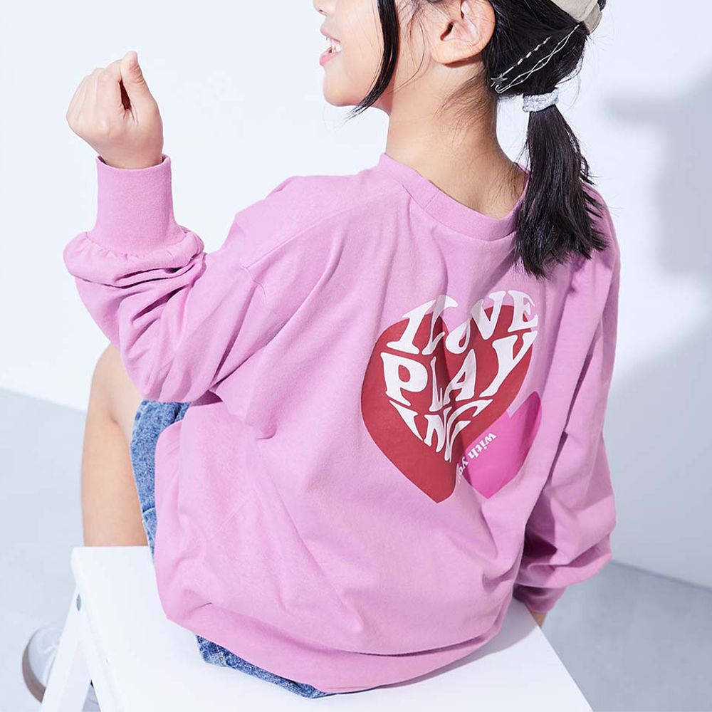 100%棉 女孩寬版長袖T恤-大愛心-桃粉紅