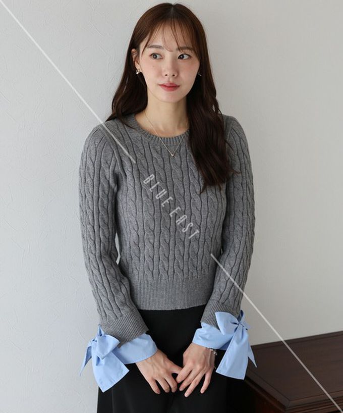 日本 BLUE EAST - 亮麗蝴蝶結緞帶袖麻花針織上衣-海軍藍