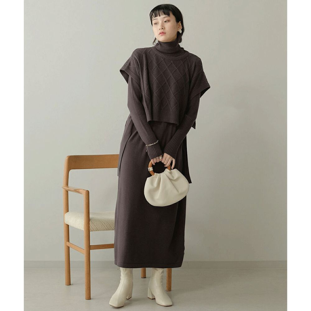 日本 Bou Jeloud - 同色系高領針織背心X長袖洋裝兩件組-深灰