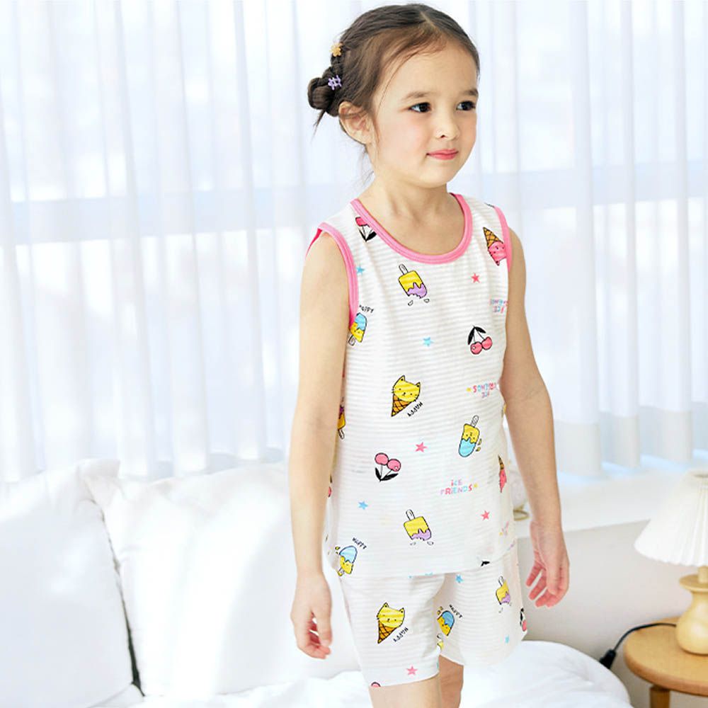 透氣條紋提花棉無袖家居服-貓咪冰淇淋