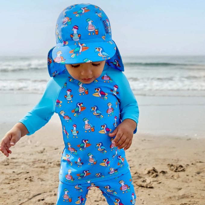 英國 JoJo Maman BeBe - 嬰幼兒/兒童泳裝戲水UPF50+防曬護頸遮陽帽-海鷗家族