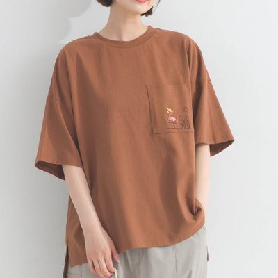 日本 Lupilien - 16支天竺棉俏皮動物刺繡寬大口袋T恤-咖啡