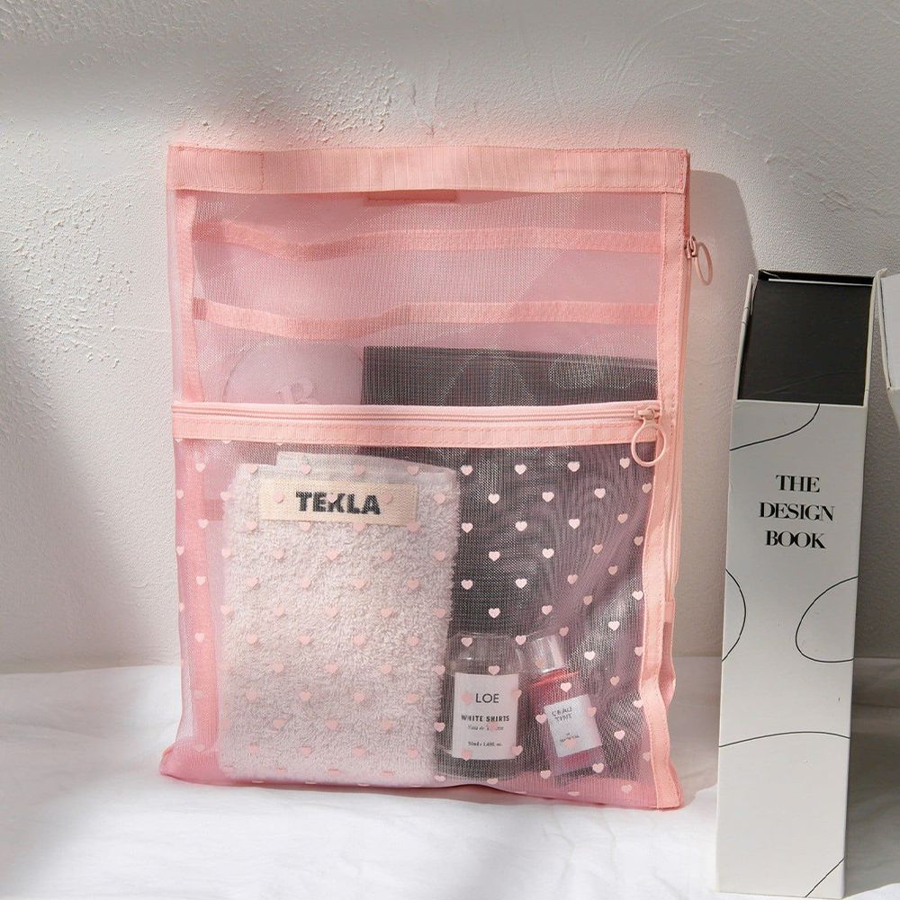 愛心圖案輕巧網狀包中袋-粉紅 (34x26cm)