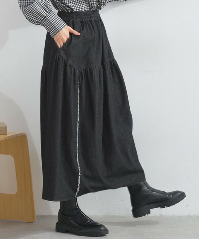 日本 Lupilien - 厚磅立體感線條澎澎長裙(附口袋)-黑色丹寧