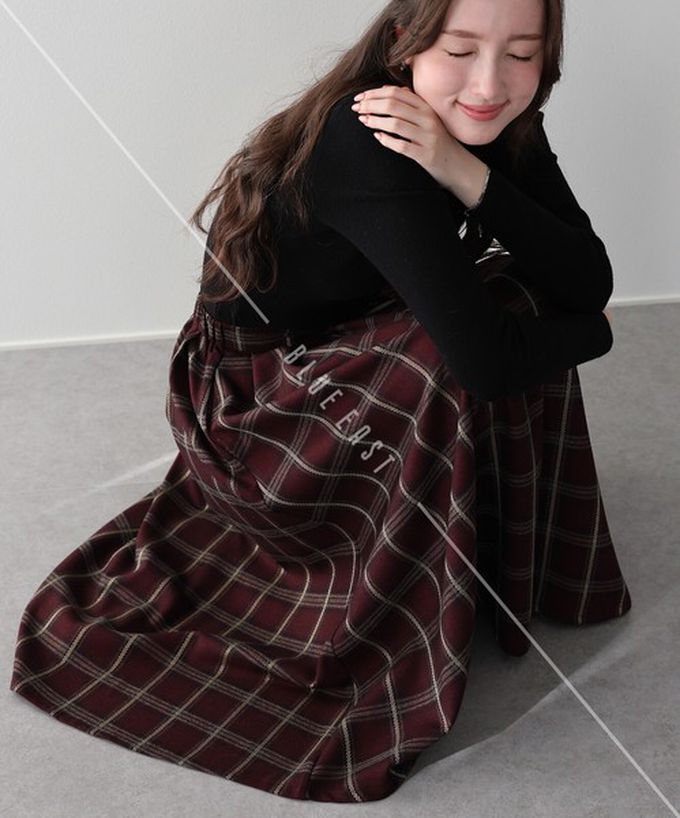 日本 BLUE EAST - 經典格紋挺版皺摺長裙(有口袋)-咖啡棕