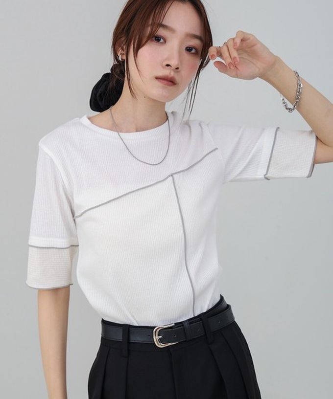 日本 Bab - 柔美線條羅紋異材質短袖上衣-黑 (M)