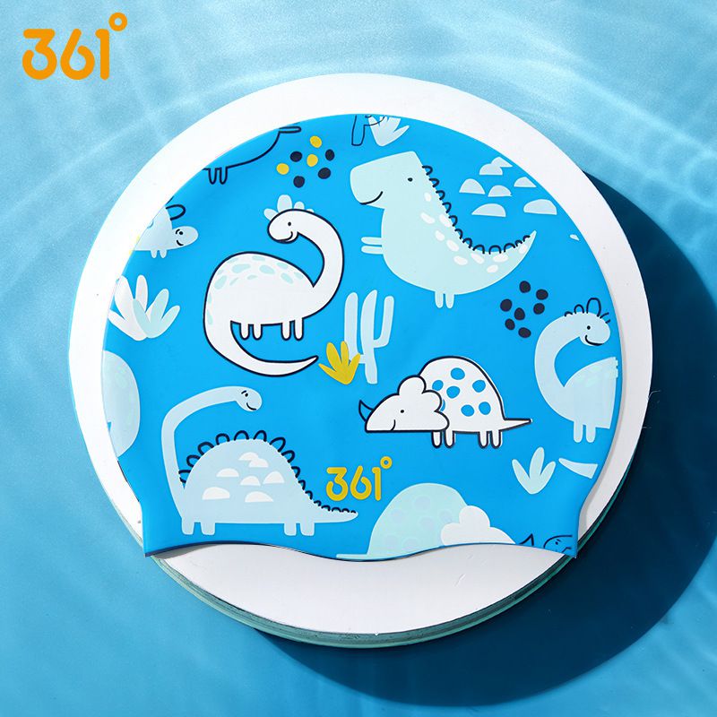 361° - 兒童印花矽膠泳帽-恐龍-深藍色 (頭圍55cm以下)