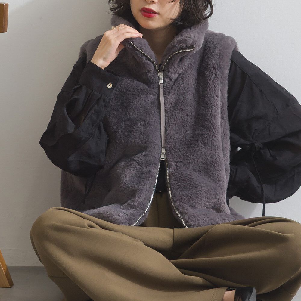 柔軟蓬鬆仿毛立領雙拉鍊背心-炭灰