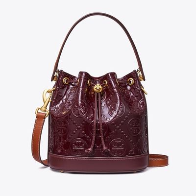 TORY BURCH - 漆皮浮雕LOGO素色束口水桶包/兩用包 (酒紅)