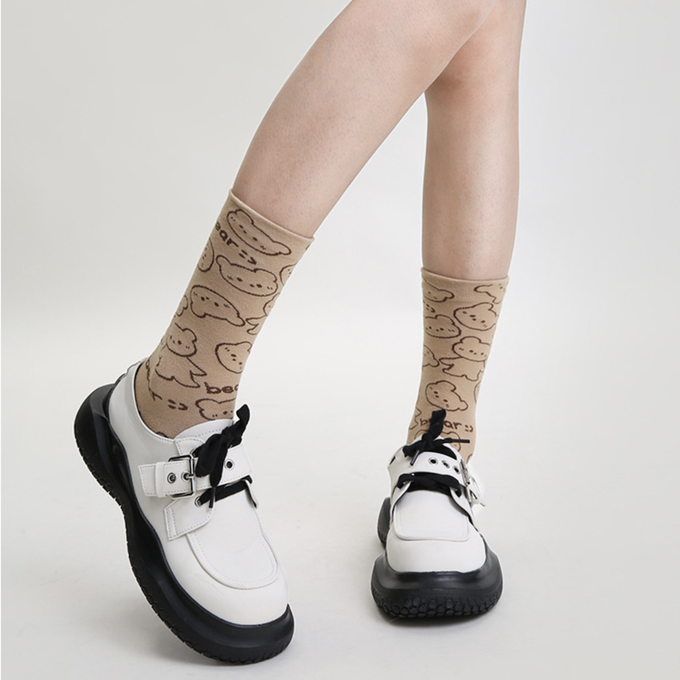 love, charlotte - 拿鐵小熊格子中筒棉襪 (XXL (22~24cm))-3 雙一組