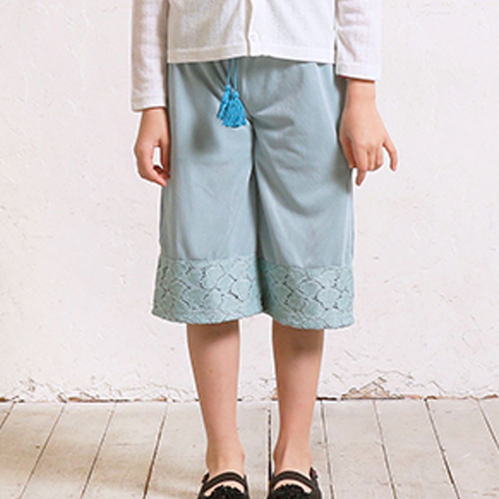 日本 TORIDORY - 褲管愛心蕾絲流蘇綁帶8分寬褲-薄荷綠