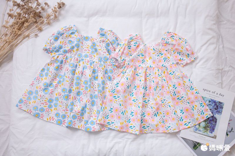 微法式公主澎澎袖純棉連身洋裝-粉色花朵