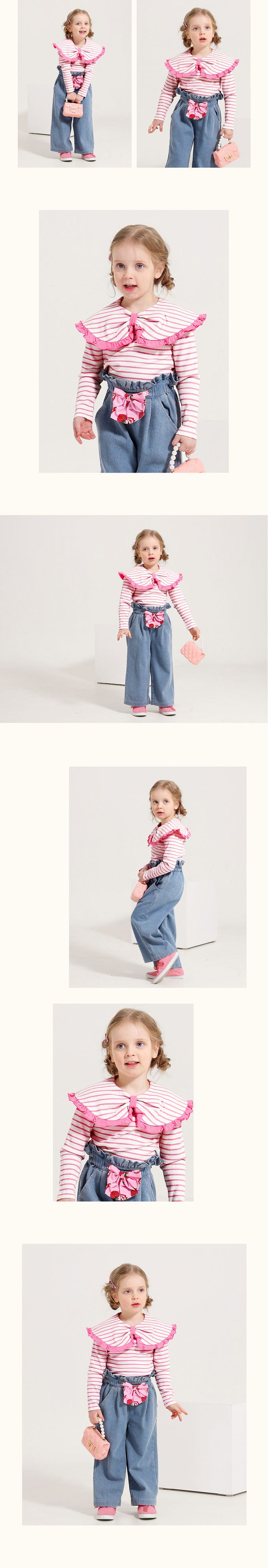 韓國 WALTON kids - 蝴蝶領條紋長袖上衣-黑